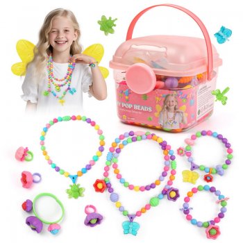 BIRANCO. Deluxe Beading Set with 350+ Pop Beads Include Butterfly, Bee, Dragonfly with Transparent Wings, and Ladybug Jewelry Making Kit for Kids Ages 3-8